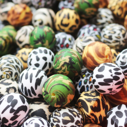10pcs Leopard Print Silicone Beads 12mm 15mm 14mm Food Grade DIY Chewable Rodent Round Ball Hexagon 4 scaled