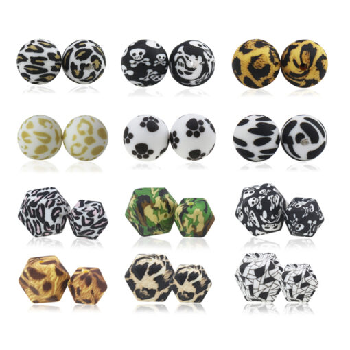 10pcs Leopard Print Silicone Beads 12mm 15mm 14mm Food Grade DIY Chewable Rodent Round Ball