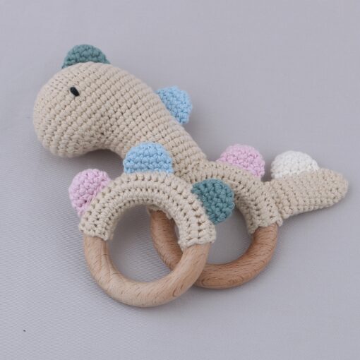 1Pc or 2Pcs Set BPA Free Crochet Dinosaur Baby Teether Rattle Safe Beech Wooden Teether Ring 2