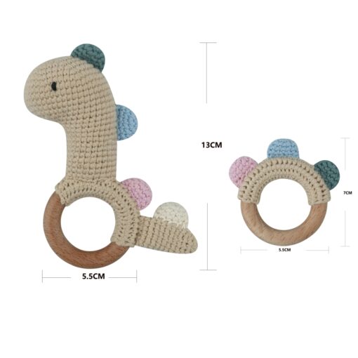 1Pc or 2Pcs Set BPA Free Crochet Dinosaur Baby Teether Rattle Safe Beech Wooden Teether Ring 5