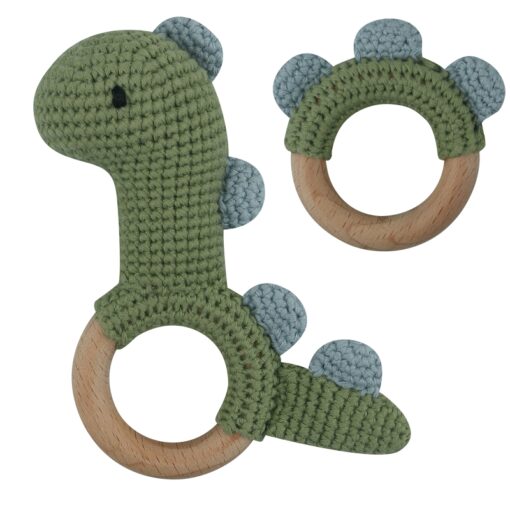 1Pc or 2Pcs Set BPA Free Crochet Dinosaur Baby Teether Rattle Safe Beech Wooden Teether Ring