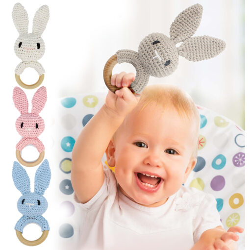 1Set Crochet Bunny Baby Teether Rattle Safe Beech Wooden Teether Ring Pacifier Clip Chain Set Newborn 1