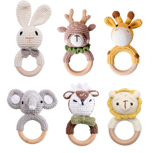 1pc Baby Teether Music Rattles for Kids Animal Crochet Rattle Elephant Giraffe Ring Wooden Babies Gym