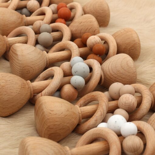 1pc Baby Teether Wooden Music Rattle BPA Free Wooden Gym Ring Rodent Silicone Beads Newborn Educational 3