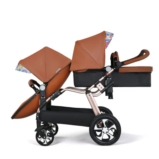 2022New Luxury twins baby stroller aluminum frame PU leather twin pram baby can sit and lying 4