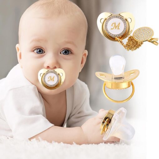 26 Initial Letter Baby Pacifier With Chain Clip Newborn BPA Free Golden Soothing Pacifier Dummy Soother 1