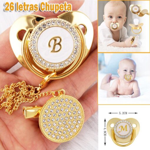 26 Initial Letter Baby Pacifier With Chain Clip Newborn BPA Free Golden Soothing Pacifier Dummy Soother