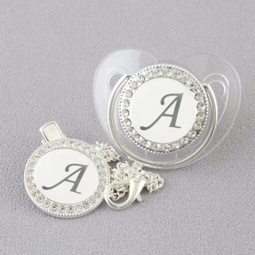 26 Letters Silver Transparent Baby Pacifier with Clip Newborn BPA Free Luxury Bling Dummy Nipple Soother 3