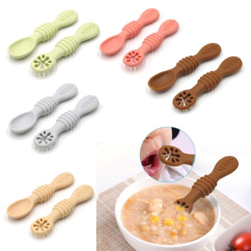 2PCS Lovely Baby Learning Spoons Utensils Set Adorable Toddler Tableware Baby Silicone Teether Toys Feeding Scoop
