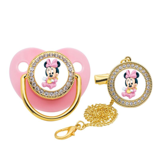 2Pcs Baby Minnie Mouse Pink Bling Bling Lollipop Dummy with Holder Clip New Nipple Baby 9