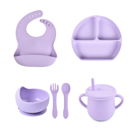 6PCS Set Baby Silicone Tableware Cup Bowl Plate Tray Bibs Spoon Fork Sets Children Non slip 1
