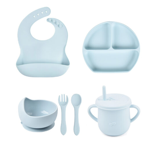 6PCS Set Baby Silicone Tableware Cup Bowl Plate Tray Bibs Spoon Fork Sets Children Non slip