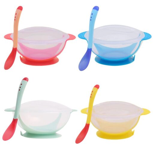 Baby Bowl Set Training Bowl with temperature sensitive spoon Set Learning Dishes With Suction Cup Children