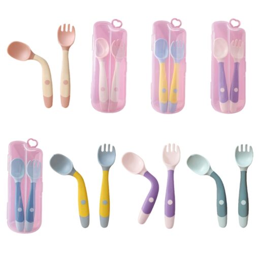 Baby Children Spoon Fork Set Soft Bendable Silicone Scoop Fork Kit Tableware Toddler Training Feeding Cutlery