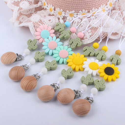 Baby Infant Toddler Dummy Pacifier Silicone Cactus Sunflower Soother Nipple Clip Chain Holder Strap Chew Toy 2