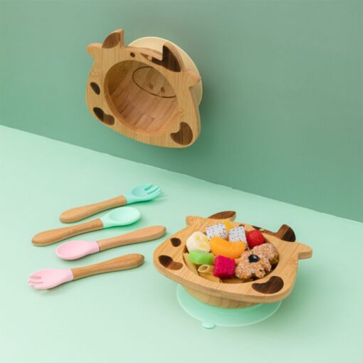 Baby Natural Bamboo Bowl Spoon Set Cartoon Animal Divided Dinner Plate Infants Learning Feeding Dish Newborn 2