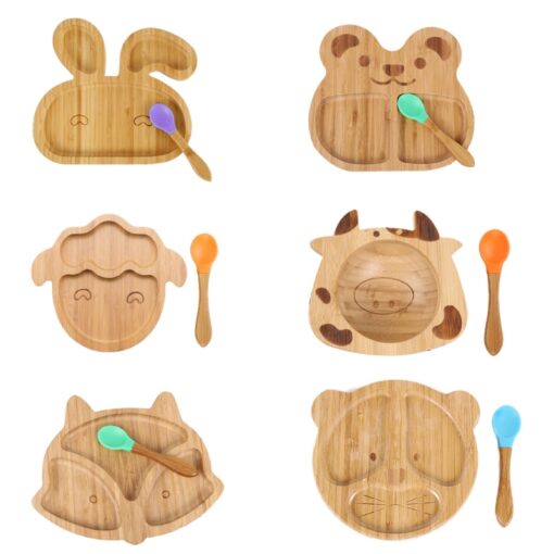 Baby Natural Bamboo Bowl Spoon Set Cartoon Animal Divided Dinner Plate Infants Learning Feeding Dish Newborn