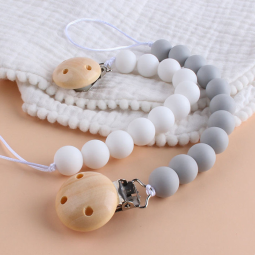 Baby Pacifier Chain Wood Silicone Food Grade Bead Wooden Plastic Clip Handmade Baby Nipple Dummy Holder 3