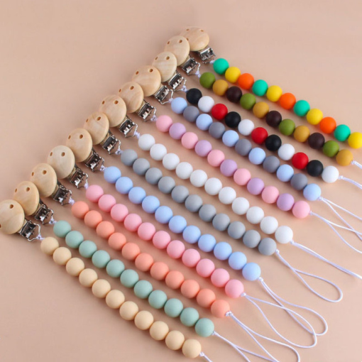 Baby Pacifier Chain Wood Silicone Food Grade Bead Wooden Plastic Clip Handmade Baby Nipple Dummy Holder