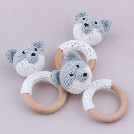 Baby Rattles DIY Crochet Cartoon Lion Fox Doll Hand Bell Carved Wooden Ring Teething Toys Newborn 1