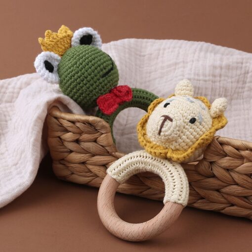 Baby Rattles DIY Crochet Cartoon Lion Fox Doll Hand Bell Carved Wooden Ring Teething Toys Newborn 4