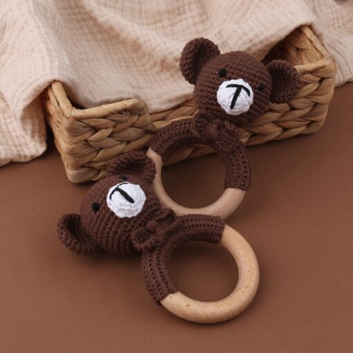 Baby Rattles DIY Crochet Cartoon Lion Fox Doll Hand Bell Carved Wooden Ring Teething Toys Newborn 5