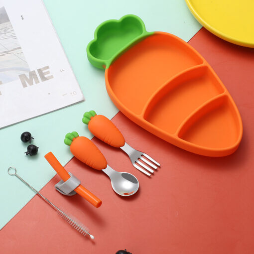 Baby Silicone Dinner Bowl Cartoon Carrot Tableware Children Dinner Plate Fork Spoon Bib Infant Baby Food 3