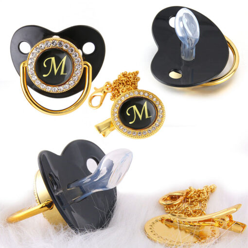 Black Bling Baby Pacifier and Pacifier Clips BPA Free Infant Pacifier Gold Letter Unique Name Initials 3