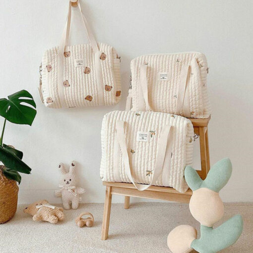Cotton Fabric Diaper Handbag Bear Flower Embroidery Diaper Bag Stroller Accessories Storage Organizer Mom Baby Large 4