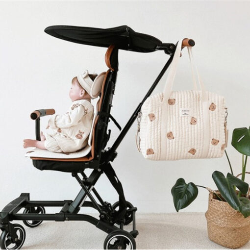 Cotton Fabric Diaper Handbag Bear Flower Embroidery Diaper Bag Stroller Accessories Storage Organizer Mom Baby Large 5