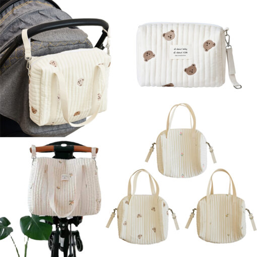 Cotton Fabric Diaper Handbag Bear Flower Embroidery Diaper Bag Stroller Accessories Storage Organizer Mom Baby Large