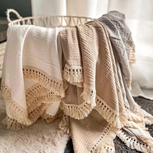 Cotton Muslin Swaddle Blankets for Newborn Baby Tassel Receiving Blanket New Born Swaddle Wrap Infant Sleeping