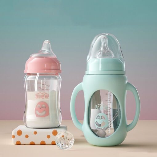 Cute Glass Baby Bottle Soft Feel Silicone Straw Water Drink Bottles For Baby Milk Feeder Set 2