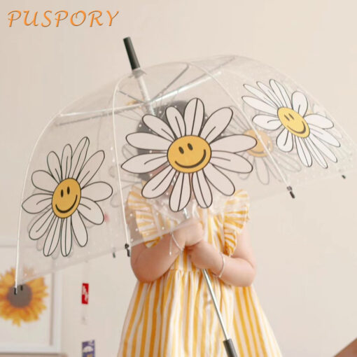 Daisy Printing Child Umbrella Arched Lightweight Fiber Transparent Outdoor Kids Umbrella Go Out Rainproof Tool Baby