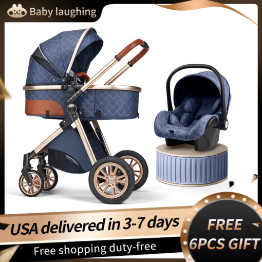 Fashion Baby Stroller 3 in 1 Folding Prams Portable Travel Baby Carriage Luxury Leather High Landscape