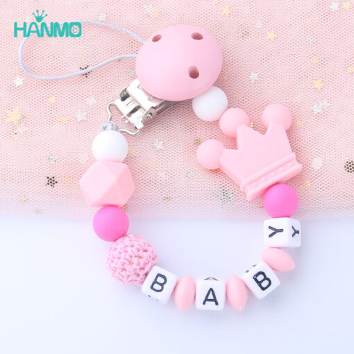 Handmade free personalized name silicone baby pacifier clip silicone crown pacifier chain holder baby safe teethin 2