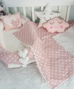 Jaju Baby Handmade Pink Star Pompom Pike Luxury Orthopedic Baby Nest and 5 Piece Bedding Set