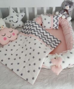 Jaju Baby Handmade Pink and Grey Stars Design Luxury Orthopedic Babynest and 5 Piece Bedding Set