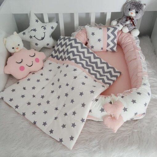 Jaju Baby Handmade Pink and Grey Stars Design Luxury Orthopedic Babynest and 5 Piece Bedding Set