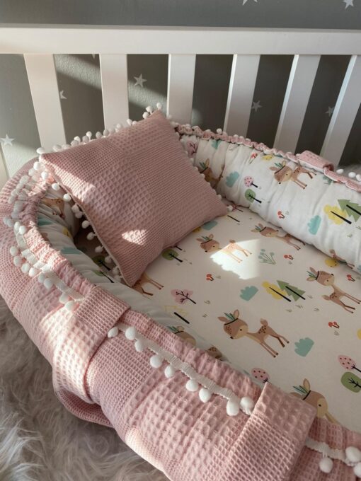 Jaju Baby Handmade Powder Color Waffle Pique Fabric Gazelle Design Babynest with Pompom Baby Bedding Portable 1