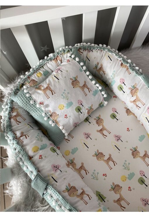 Jaju Baby Special Handmade Waffle Piqu Fabric Gazelle Design Pompon Babynest Baby Bedding Portable Crib Travel 1