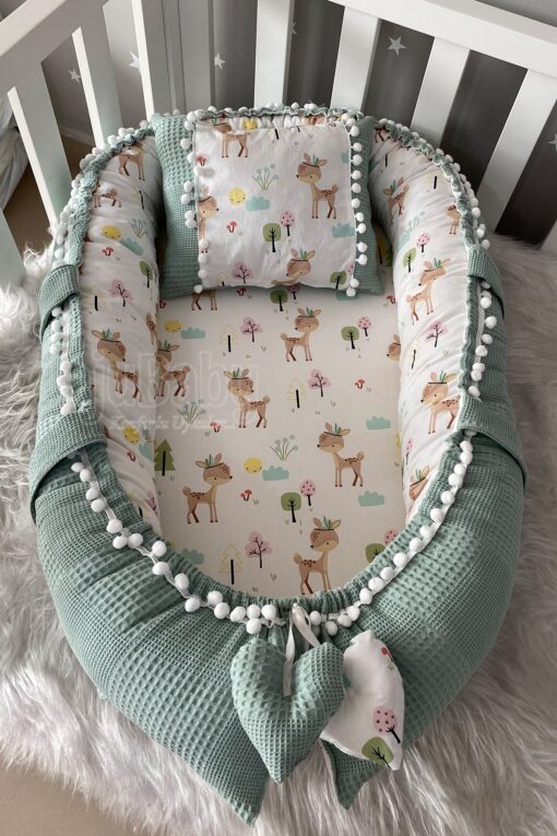 Jaju Baby Special Handmade Waffle Piqu Fabric Gazelle Design Pompon Babynest Baby Bedding Portable Crib Travel