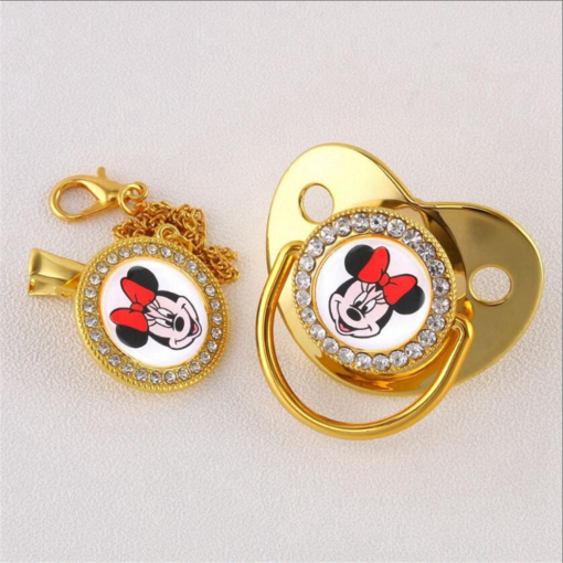 Mickey Mouse Printed Gold Rose Bling Dummy Pacifier Clip Baby Teething Lollipops Rhinestone Cute Baby Newborn 3