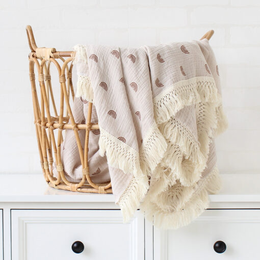 Muslin Squares Fringe Baby Swaddle Blankets for New Born Infant Bedding Cover with Tassle Organic Cotton 4