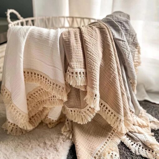 Muslin Squares Fringe Baby Swaddle Blankets for New Born Infant Bedding Cover with Tassle Organic Cotton