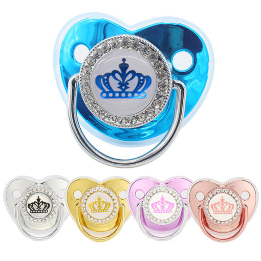 Newborn Baby Pacifier Clip with Cover Rhinestone Crown Luxury Pacifier Chain Infant Nipple Feeding Silicone Dummy