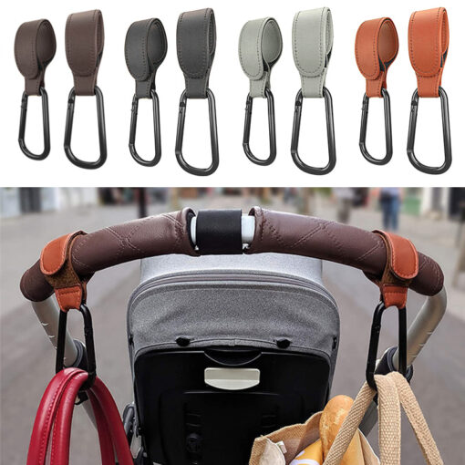 PU Leather Baby Bag Stroller Hook Strap Rotate 360 Degree Rotatable Pram Velcro Cart Organizer Hook 1