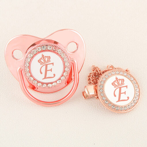 Rose Gold Crown 26 Name Initial Letter Baby Pacifier With Clip Food Grade Silicone Dummy Soother 1