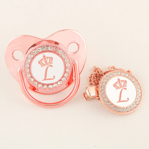 Rose Gold Crown 26 Name Initial Letter Baby Pacifier With Clip Food Grade Silicone Dummy Soother 2