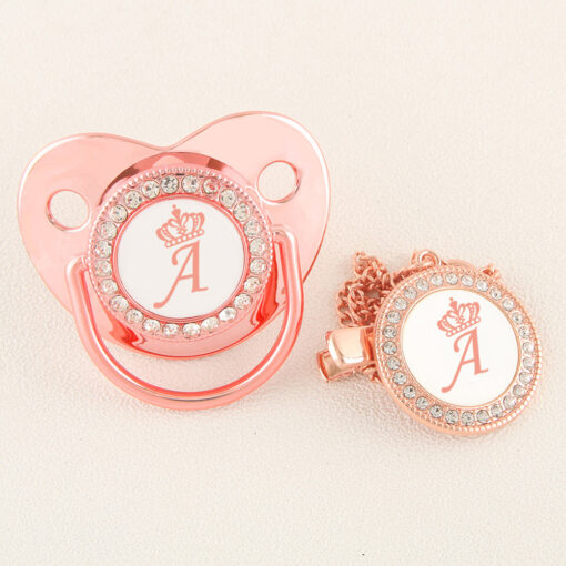 Rose Gold Crown 26 Name Initial Letter Baby Pacifier With Clip Food Grade Silicone Dummy Soother
